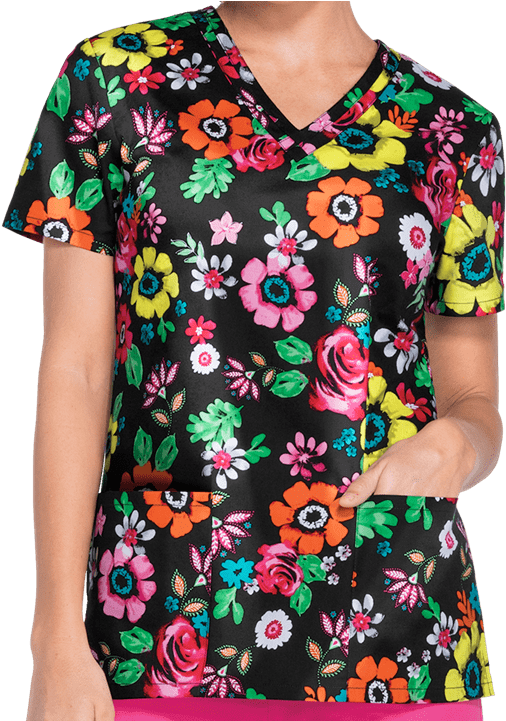 Dickies Eds Flower Festival Print Scrub Top - Eds Signature By Dickies Women's V-neck Floral Print (600x720), Png Download