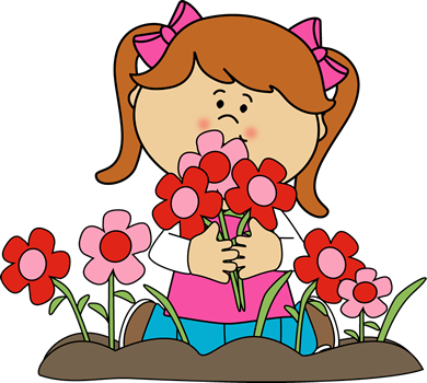 Girl Picking Valentine's Day Flowers Clip Art - Girl With Flowers Clipart (390x350), Png Download