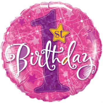 Holograph 1st Bday Stars Pink - 1st Birthday Balloons Png (350x350), Png Download