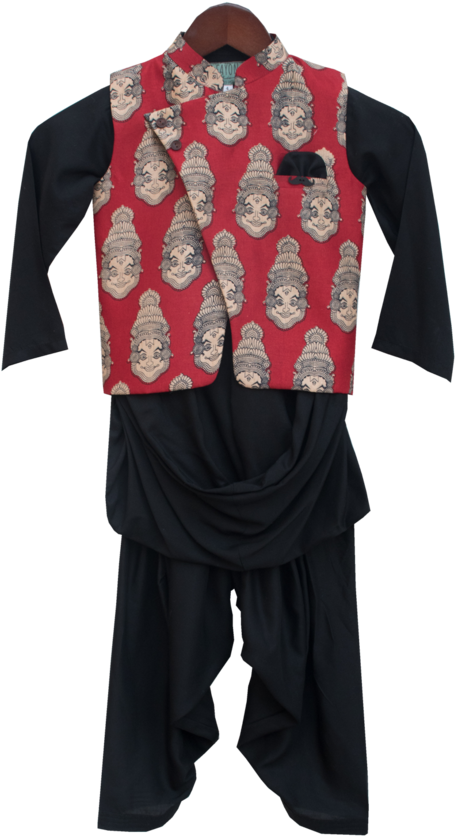 Red Printed Nehru Jacket With Black Kurta & Salwar - Kurta (580x870), Png Download