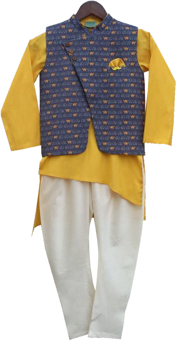 Designer Dress Elephant Print Nehru Jacket With Asymmetric - Kurta (800x1200), Png Download