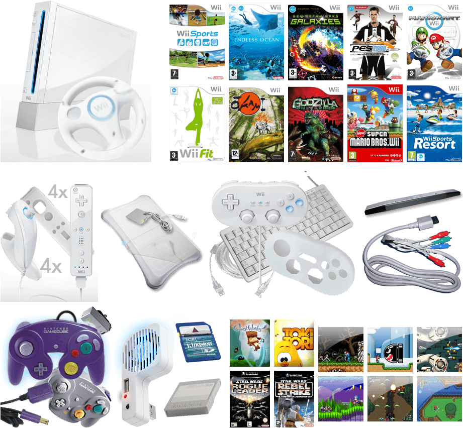 Wii Console And Wii Wheel & Wii Sports & Wii Fit & (960x880), Png Download