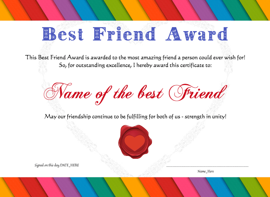 Best Friend Award - Appreciation Certificate For A Best Friend (945x691), Png Download