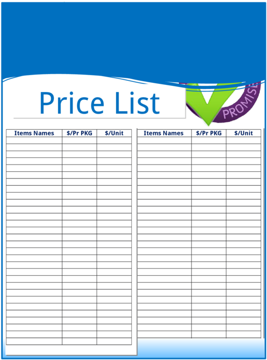 Blank Price List Template Pdf - Price (612x792), Png Download