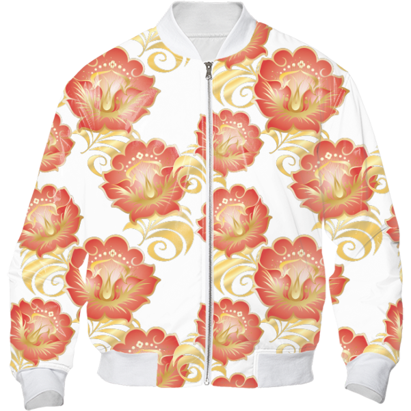 Large Abstract Flowers In Chinese Red & Gold Bomber - Rose (608x621), Png Download