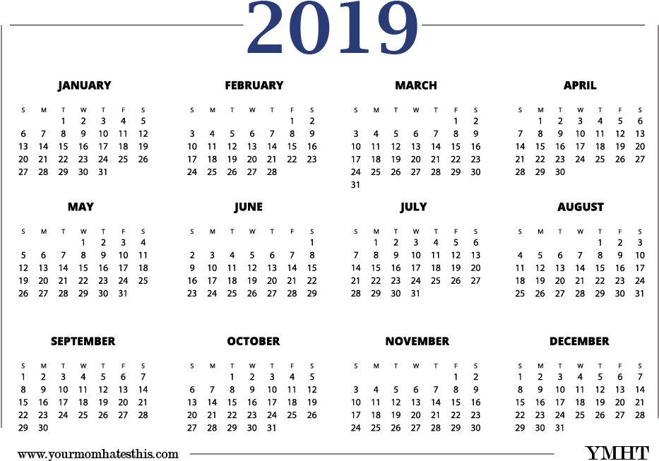 2019 Calendar New Transparent Design - Excel Yearly Calendar 2019 (932x670), Png Download