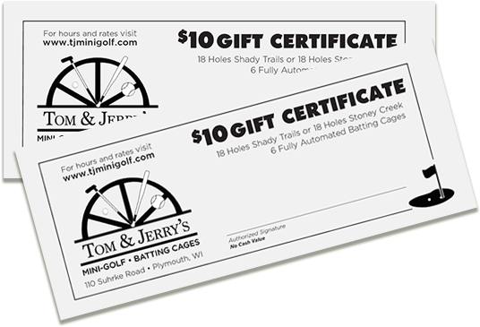 Gift Certificates For Tom & Jerry's Mini Golf & Batting - Tom & Jerry's Mini Golf (550x387), Png Download