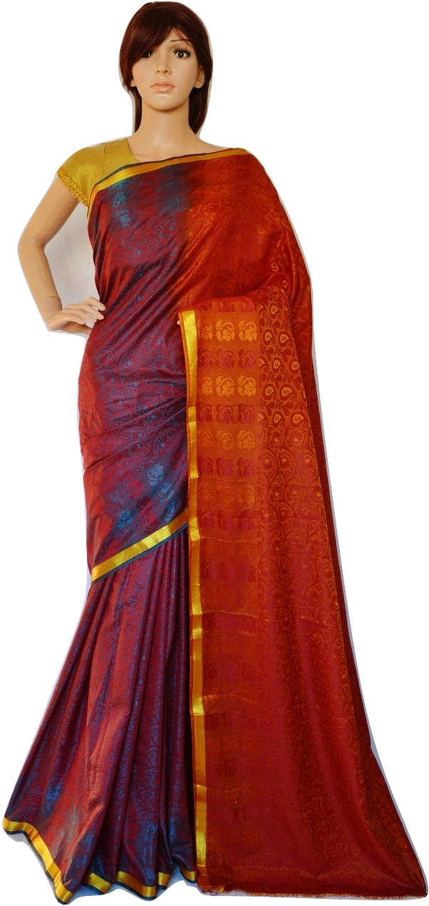 Maroon & Gold Colour Kanchipuram Silk Saree - Kanchipuram Silk (662x1295), Png Download