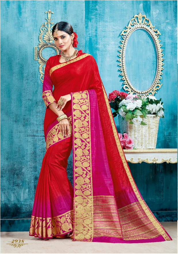 Shaded Blurred Red And Fuscia Designer Silk Saree - Silk (920x880), Png Download