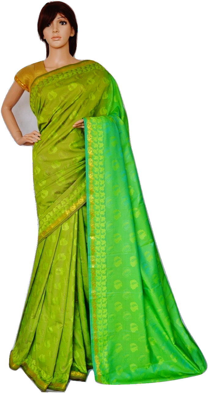 Green & Gold Colour Kanchipuram Silk Saree - Kanchipuram (730x1295), Png Download