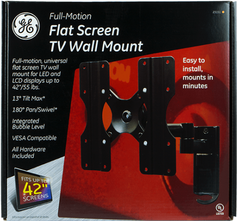 Ge Full-motion Flat Screen Tv Wall Mount In Package - Ge Flat Screen Tv Wall Mount, Thin Profile (555x555), Png Download