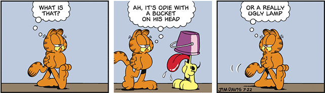 Odie With A Bucket On His Head - Cartoon (640x260), Png Download