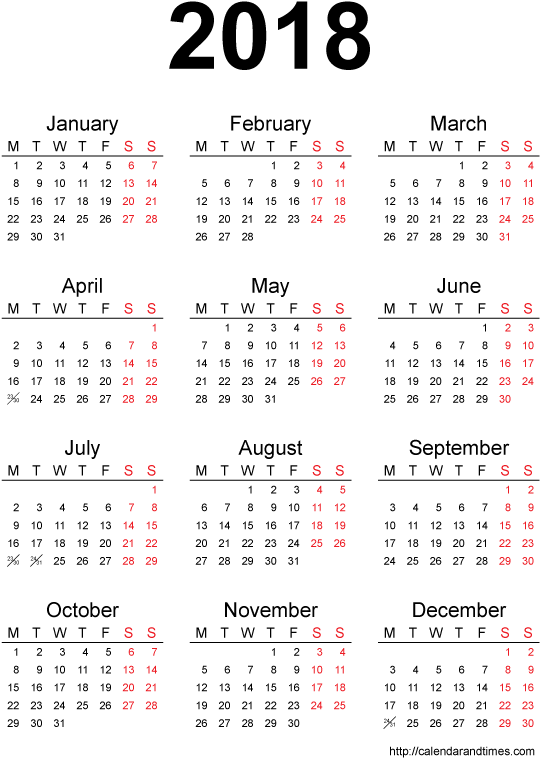 Calendar 2018 Printable One Page - Calendar (595x842), Png Download