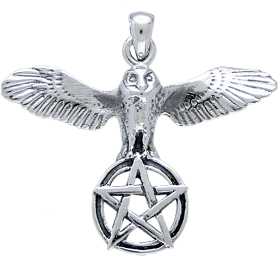 White Bronze Flying Owl With Pentagram Pendant - Pendant (555x555), Png Download