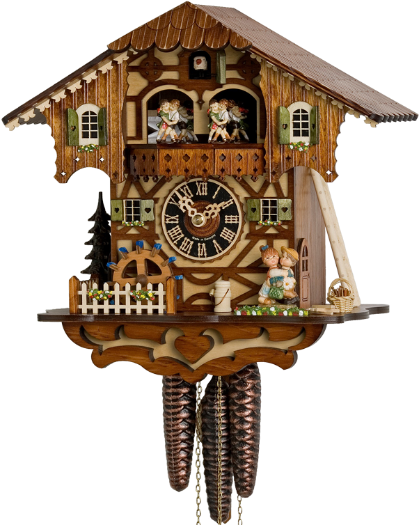 Chalet Cuckoo Clock With Kissing Couple - Hönes Cuckoo Clock Moveable Kissing Couple, Turning (605x760), Png Download