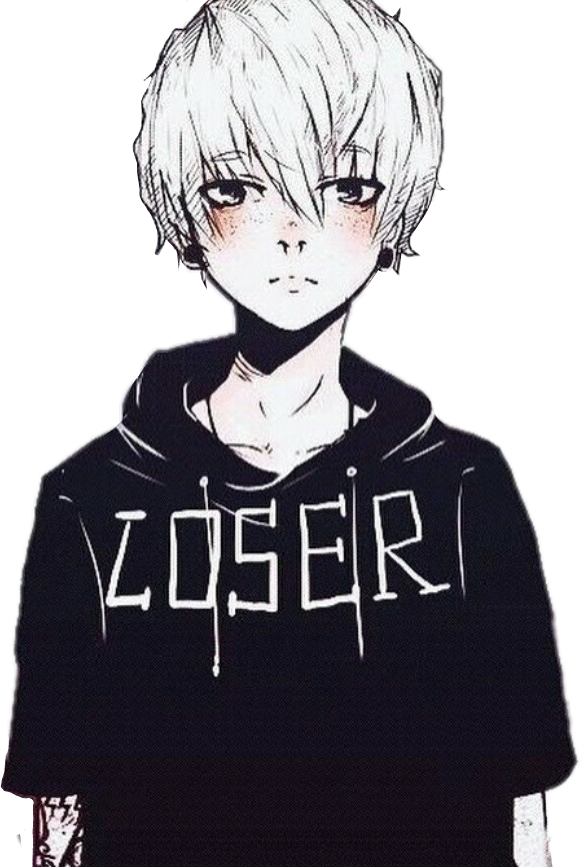 Animeboy Anime Boy Piercing Black Loser Whitehair - Anime Boy Black And White (580x867), Png Download