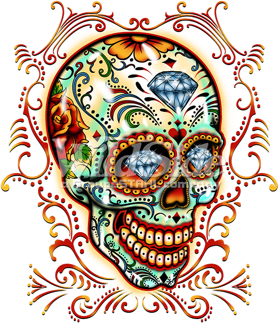 Sugar Skull With Pinstripes - Dia De Los Muertos Diamond Colorful Painted Skull Day (675x675), Png Download