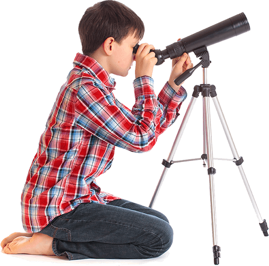 A Young Boy Looking Through A Telescope - Earth, Moon & Sun (550x544), Png Download
