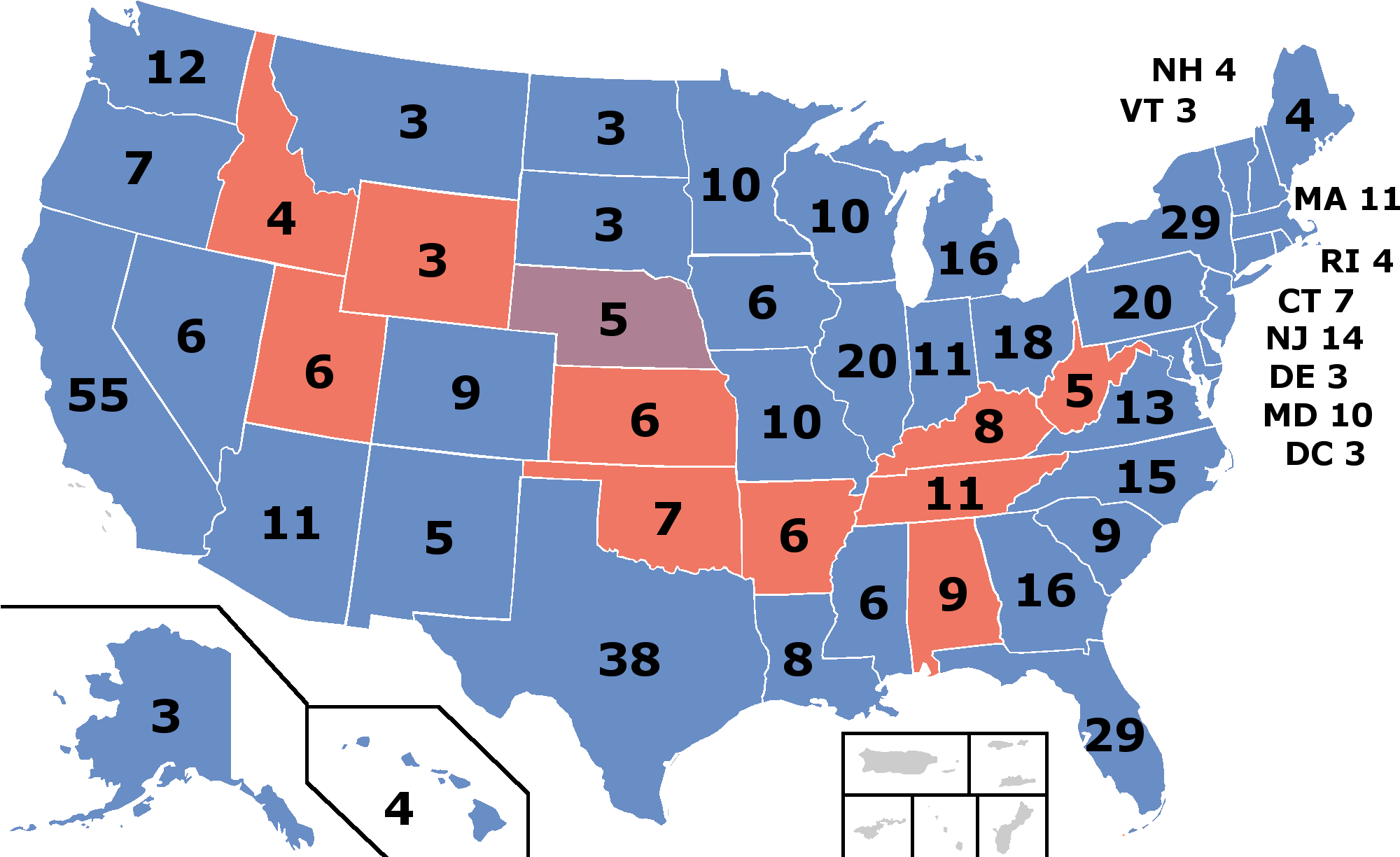Red Denotes States Won By Palin/huckabee , Blue Denotes - Election Day Results Map 2016 (2000x1237), Png Download