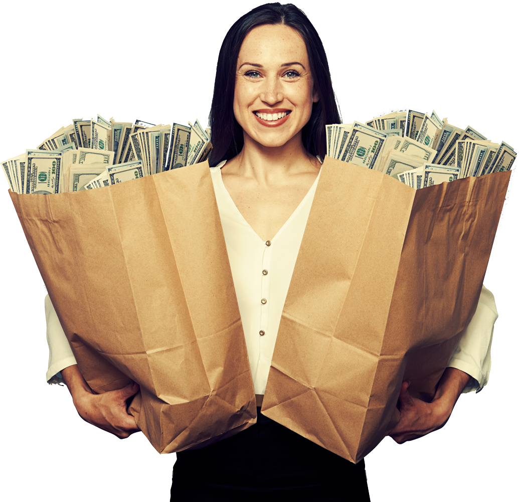 Woman Holding To Grocery Bags Full Of Money - Woman Holding Paper Bag (1035x1000), Png Download