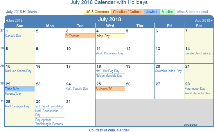 July 2018 Printable Calendar With Us Holidays Including - July 2018 Calendar With Holidays (744x468), Png Download