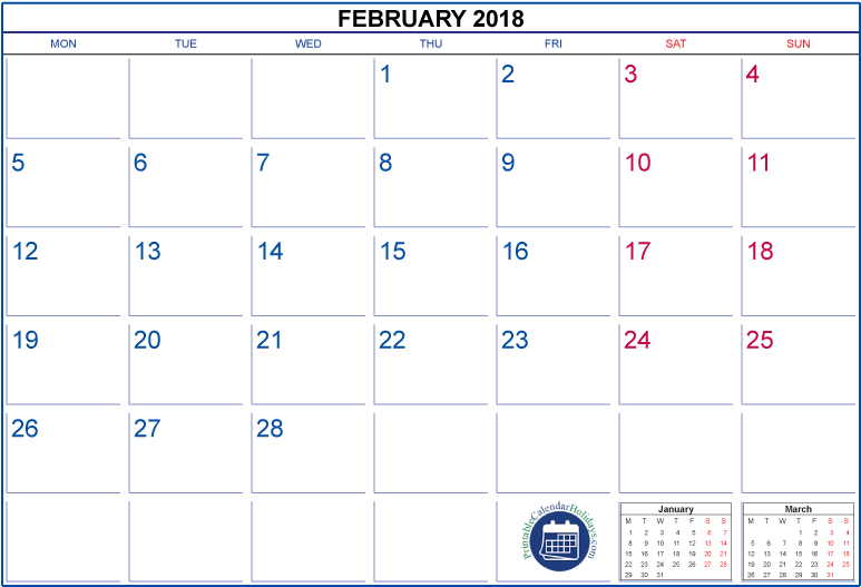 February 2018 Calendar With Holidays Pdf And Jpg - 8.5 X 14 Printable Calendar 2018 (842x595), Png Download