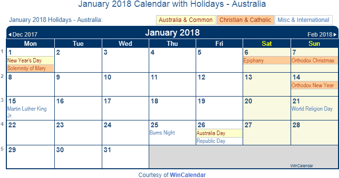 January 2018 Calendar With Australia Holidays - Handy Forms 2018 Monthly Planner For Pocket Size Notebooks (702x377), Png Download