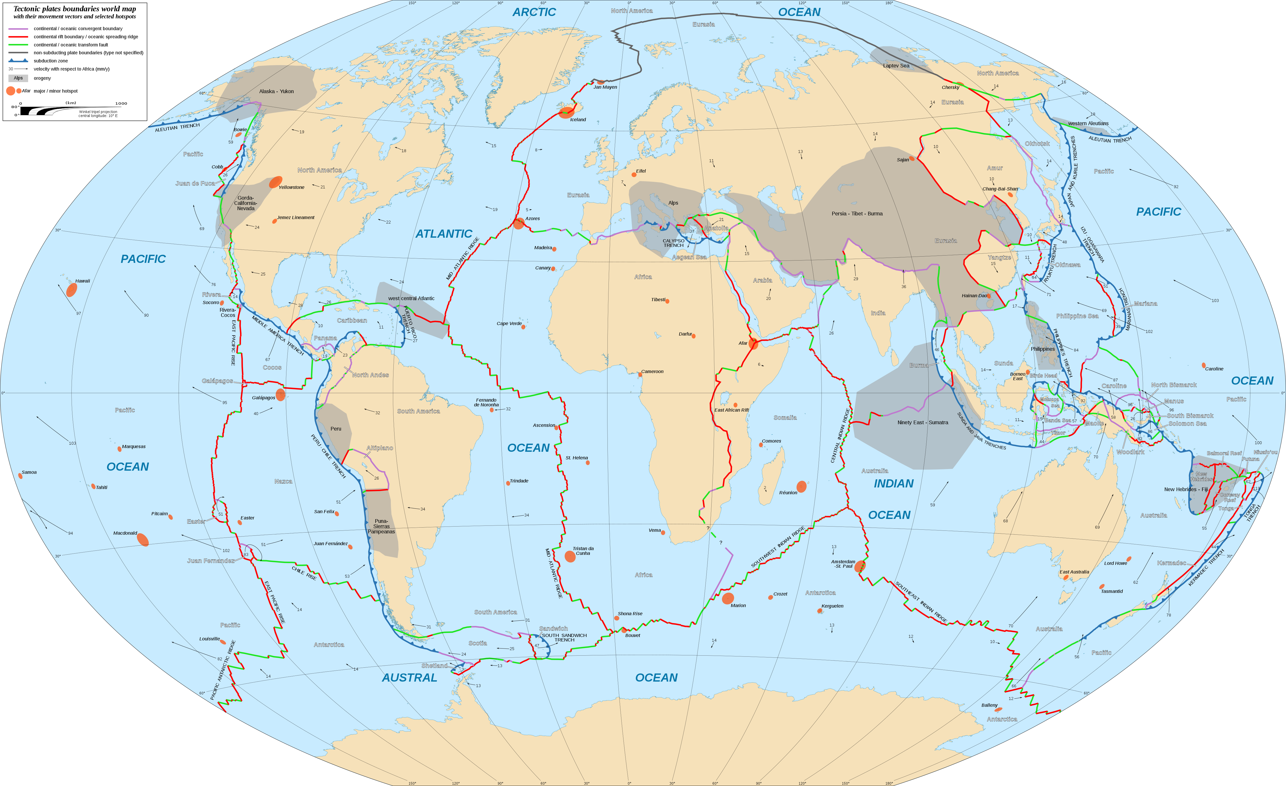 Tectonic Plates Boundaries World Map Wt 10dege Centered-en - Tectonic Plates Map 2018 (4903x2996), Png Download
