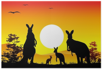 Australia Sunset With Kangaroo Family Silhouette Poster - Bouncy Knock Knock Jokes (400x400), Png Download