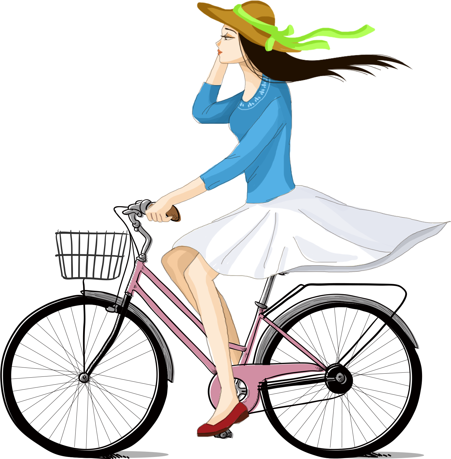 Hand Drawn Cartoon Girl Cycling Decoration Vector - Hybrid Bicycle (3379x2666), Png Download