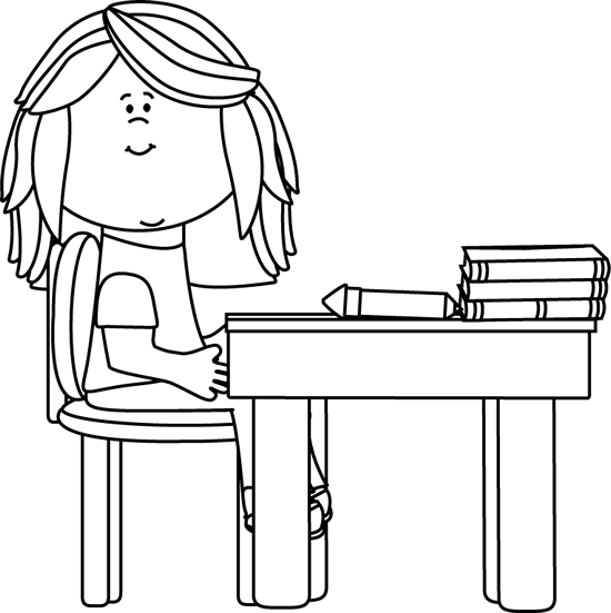 Black And White Black And White Little Girl At School - Girl At Desk Clipart Black And White (550x551), Png Download