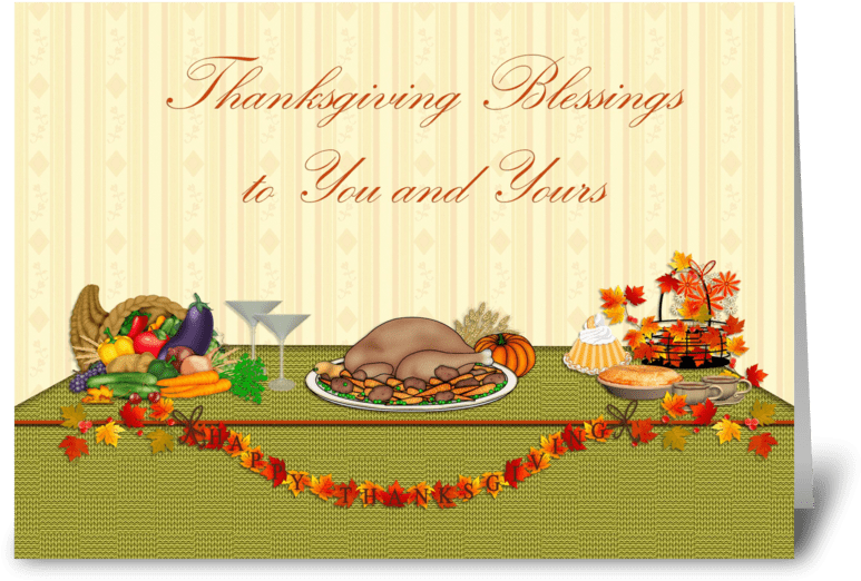 Thanksgiving Blessings, Dinner Table Greeting Card - Greeting Card (848x698), Png Download