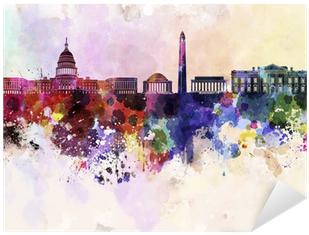 Washington Dc Skyline In Watercolor Background Sticker - Washington Dc Skyline (400x400), Png Download