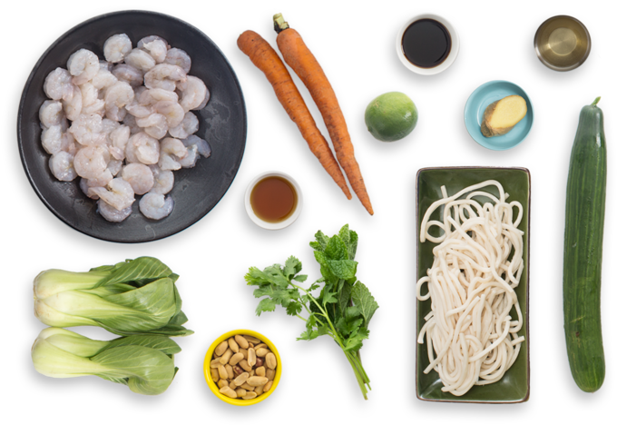 Shrimp & Udon Noodle Salad With Cucumber, Carrots & - Shrimp Udon Salad (700x477), Png Download