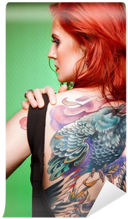 Beautiful Sexy Glamorous Girl With Tattoos - Redhead With Back Tattoo (400x400), Png Download