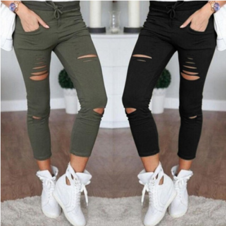 New 2016 Skinny Jeans Women Denim Pants Holes Destroyed - Jeans Negro Mujer Stretch (440x586), Png Download