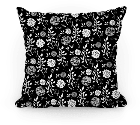 Black Whimsical Floral Pattern Pillow - Throw Pillow (484x484), Png Download