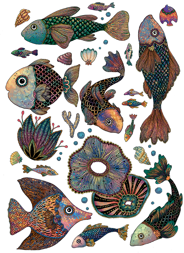 This Series Of Sea Creatures Drawings Were Made For - Coral Reef Fish (600x825), Png Download