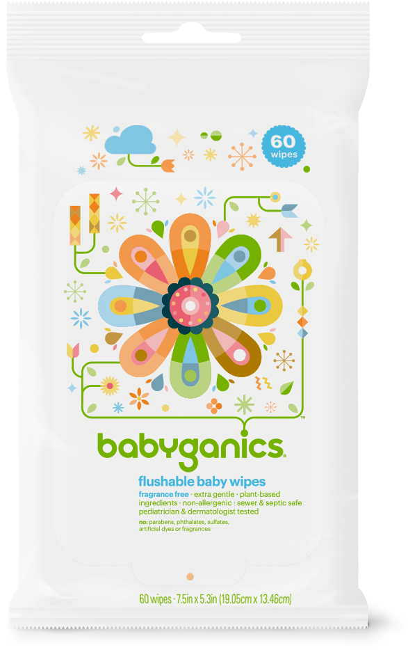 Flushablewipes60ct Ff Front - Babyganics Flushable Wipes 60.0 Ea(pack Of 5) (1200x1200), Png Download