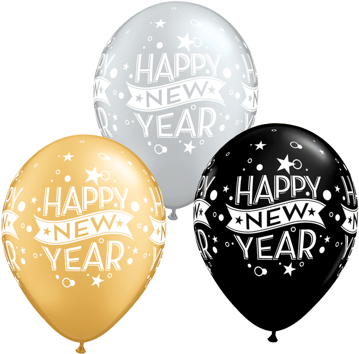 Happy New Year Silver, Gold, & Black Latex Balloons - Gold Latex Balloon Happy New Year 16 (754x738), Png Download