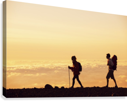 Hikers With Backpacks Hiking On Top Of A Mountain At - Printscapes Wall Art: 36" X 24" Canvas Print With Black (429x344), Png Download