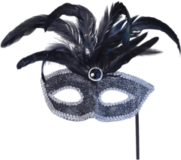Silver Masquerade Mask Png Download - Black Mask/silver Trim + Feathers On Stick (366x580), Png Download