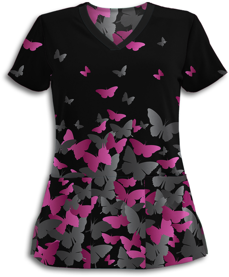 Pink Flying Butterflies Athletic Scrub Top - Blouse (900x1089), Png Download