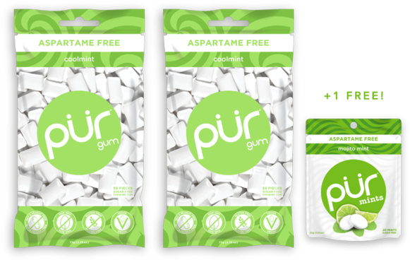 Buy 2 Gum Bags, Get 1 Mint Pouch Free - Pur - Aspartame Free Chewing Gum Bubble Gum - 55 Pieces (600x499), Png Download