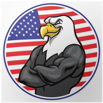 Eagle Mascot Show The Muscle With American Flag Background - Statue Of Liberty New York Bumper Sticker 4x4 (400x400), Png Download