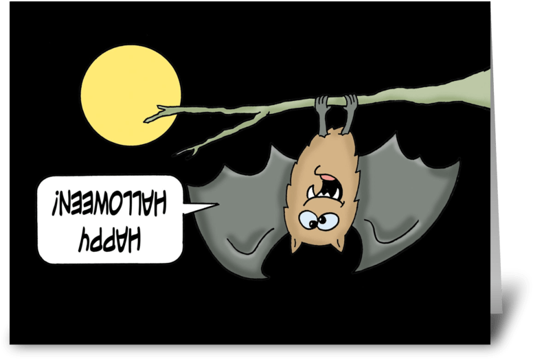 Download Halloween Card With Cute Bat Upsidedown Greeting Card - Halloween  Card With A Cute Cartoon Bat Hanging From PNG Image with No Background -  