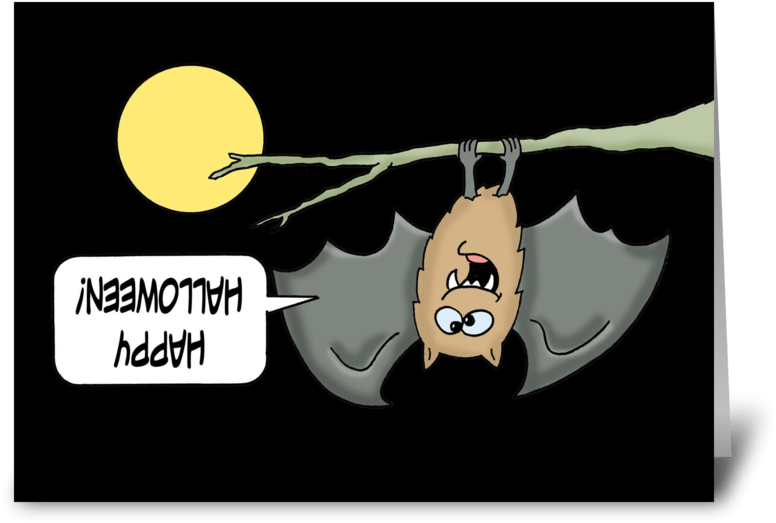 Download Halloween Card With Cute Bat Upsidedown Greeting Card - Halloween Card With A Cute Cartoon Bat Hanging From PNG Image with No Background - Download Halloween Card With Cute Bat Upsidedown Greeting Card - Halloween Card With A Cute Cartoon Bat Hanging From PNG Image with No Background -