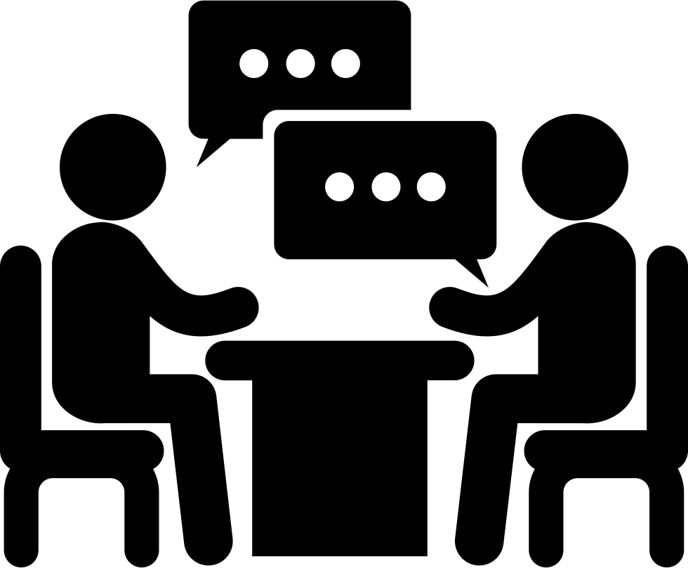 Men Couple Sitting On A Table Talking About Business - 2 People Talking Icon (980x808), Png Download