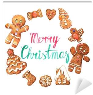 Watercolor Christmas Wreath With Gingerbread Cookies - Watercolor Painting (400x400), Png Download