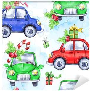 Watercolor Seamless Pattern With Cartoon Holidays Cars - New Year (400x400), Png Download